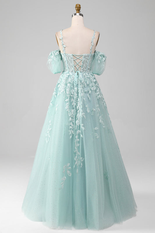 Mint Ball-Gown Off The Shoulder Beaded Prom Dresses With Appliques