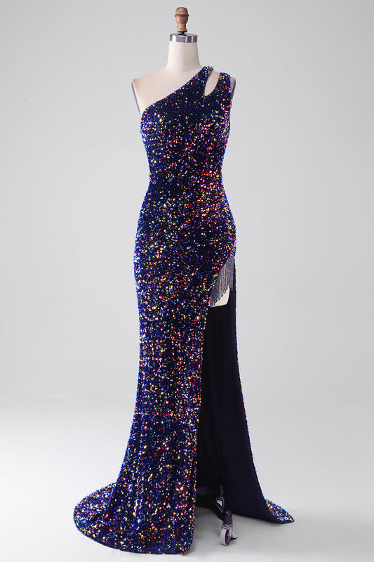 Black Mermaid One Shoulder Sequins Long Prom Dress with Slit