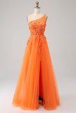 Orange One Shoulder A-Line Tulle Long Prom Dress with Appliques