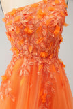 Orange One Shoulder A-Line Tulle Long Prom Dress with Appliques