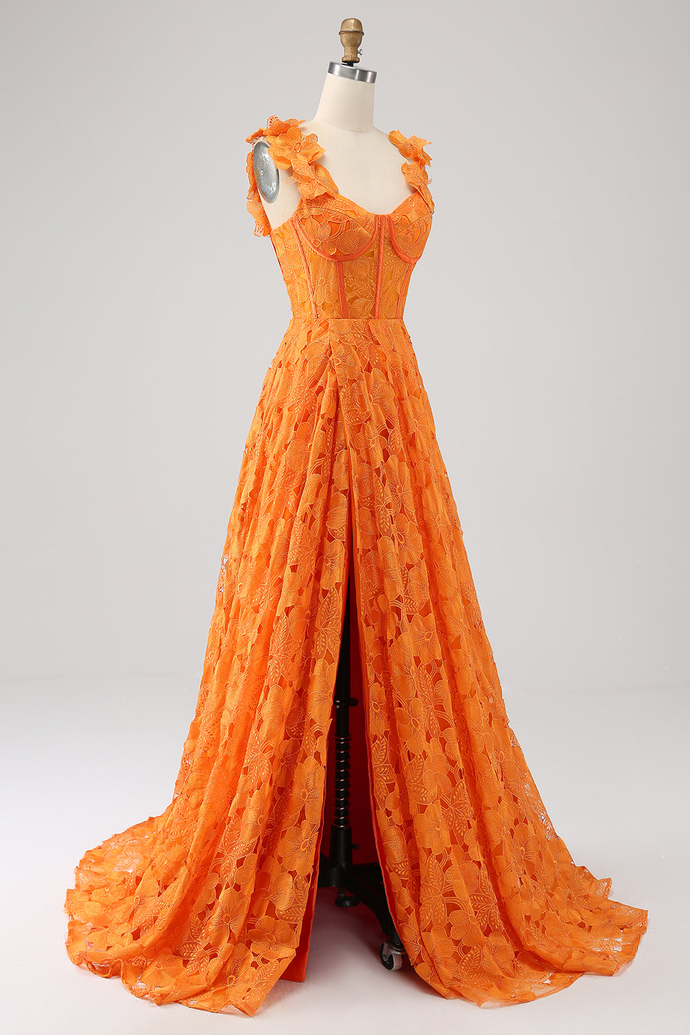 Orange A-Line Floral Lace Long Prom Dress