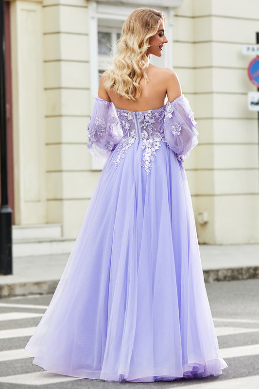 Gorgeous A Line Off the Shoulder Lavender Corset Prom Dress with Appliques