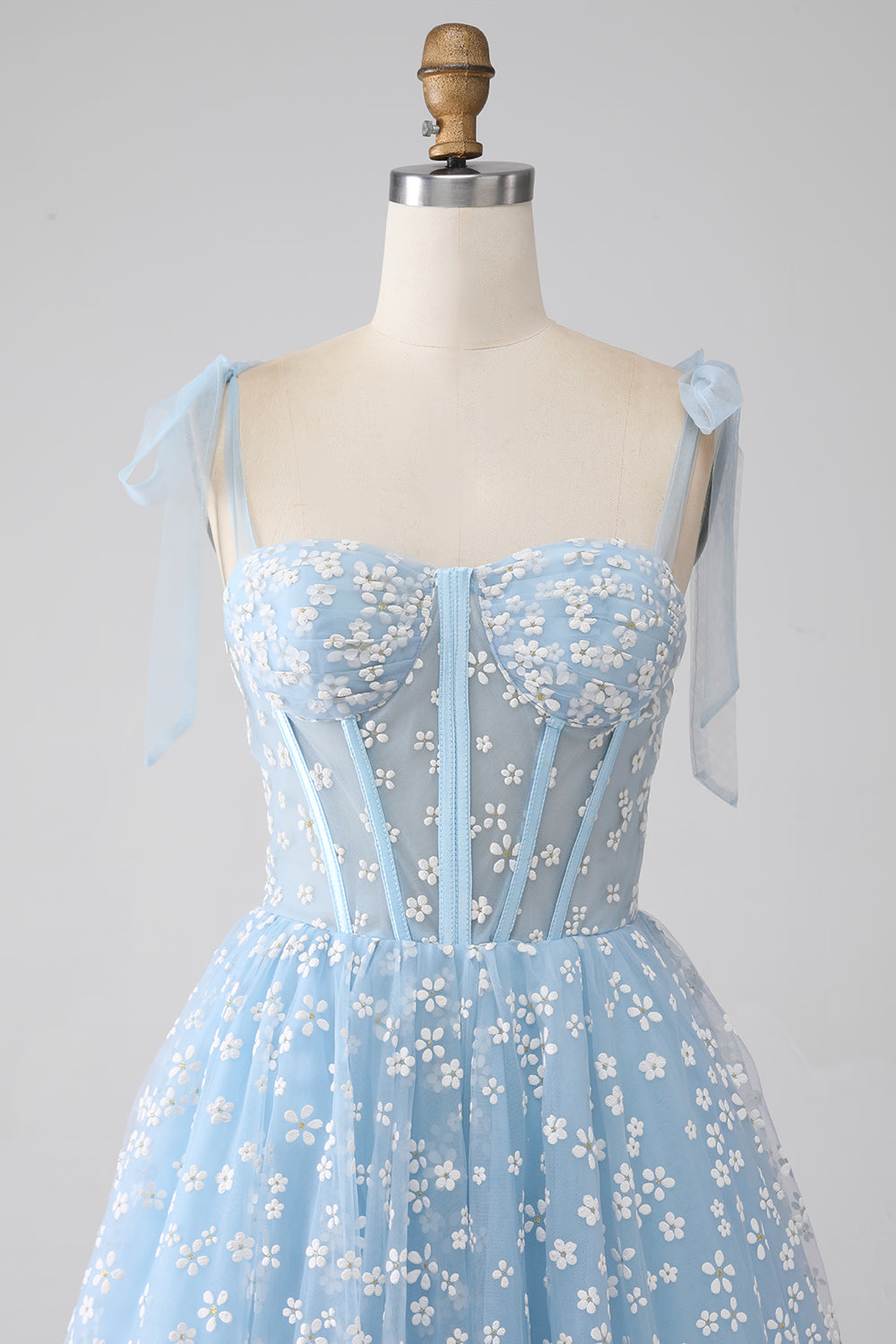 A-Line Spaghetti Straps Sky Blue Corset Prom Dress