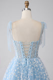 A-Line Spaghetti Straps Sky Blue Corset Prom Dress