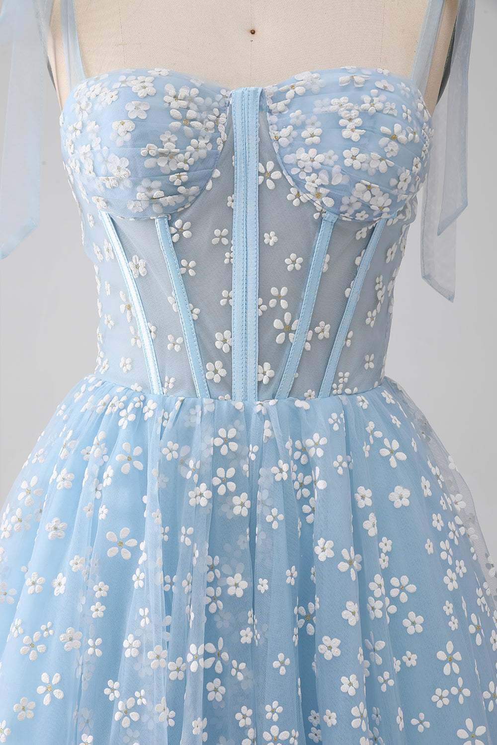 A-Line Spaghetti Straps Sky Blue Corset Prom Dress