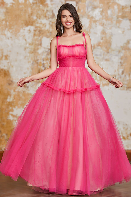 Princess A Line Spaghetti Straps Fuchsia Long Prom Dress with Ruffles