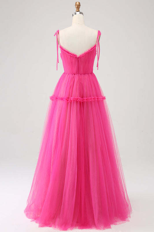 Fuchsia A-Line Ruffled Long Tulle Prom Dress