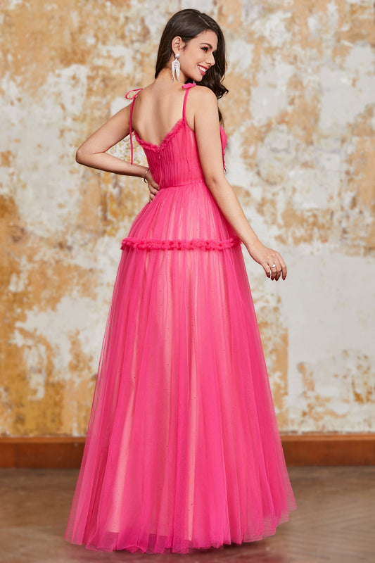 Princess A Line Spaghetti Straps Fuchsia Long Prom Dress with Ruffles