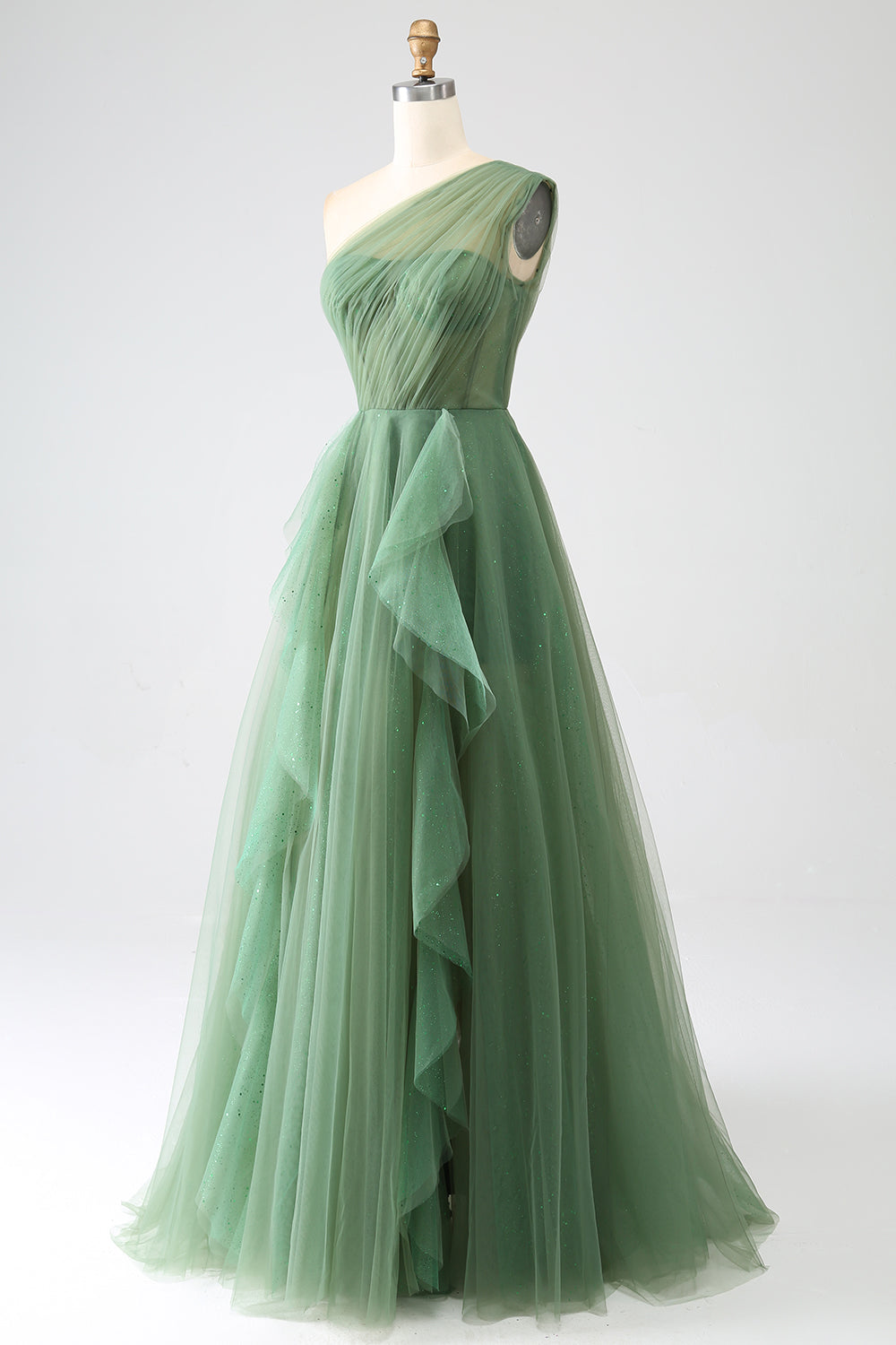 Dark Green Tulle A-Line One-Shoulder Long Prom Dresses