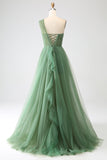 Dark Green Tulle A-Line One-Shoulder Long Prom Dresses