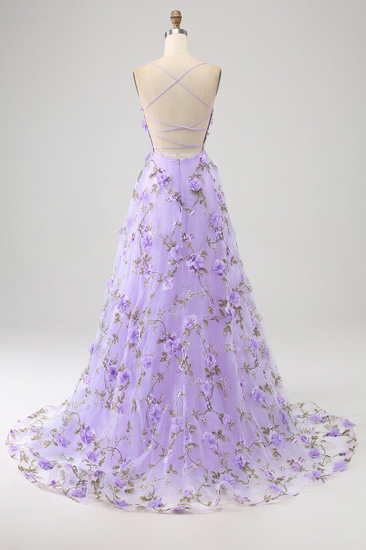 Lilac A-Line Spaghetti Straps Long Prom Dress with 3D Flowers