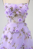 Lilac A-Line Spaghetti Straps Long Prom Dress with 3D Flowers