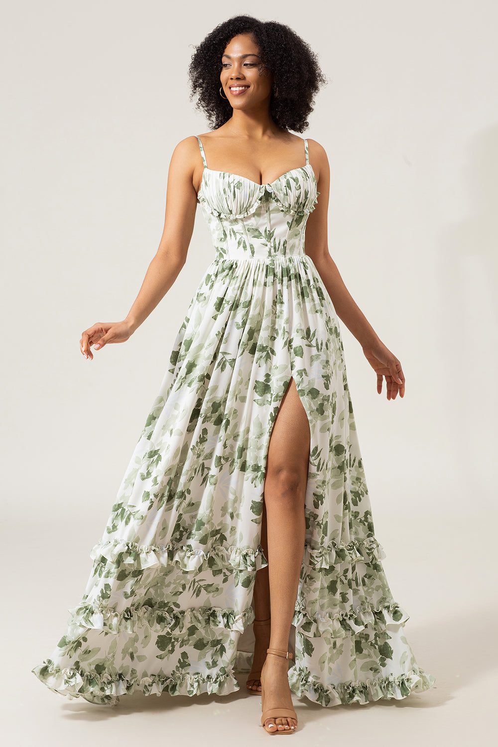 A-Line Spaghetti Straps Green Printed Long Prom Dress With Slit