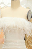 White Strapless Homecoming Dress with Feathers
