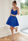 Two Piece Spaghetti Straps Royal Blue Short Homecoming Dress