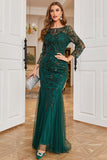 Dark Green Long Sleeves Beading Mother of Bride Dress