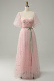 Blush A-Line Tulle Shot Sleeve Ankle-Length Prom Dress