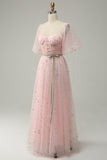 Blush A-Line Tulle Shot Sleeve Ankle-Length Prom Dress