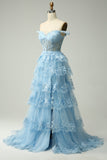 Blue Off The Shoulder Tiered Prom Dress