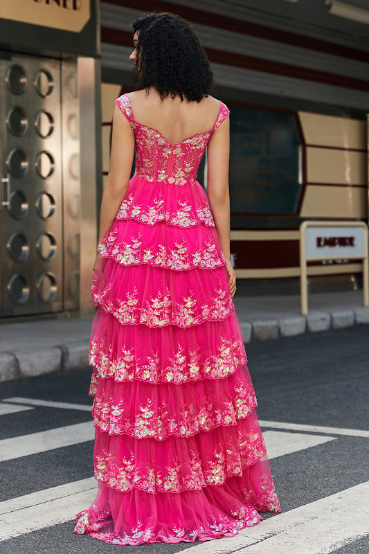 Trendy A Line Off the Shoulder Fuchsia Corset Prom Dress with Split Front