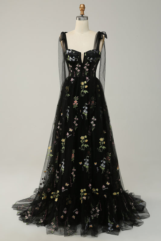 Black Embroidery Corset Long Prom Dress