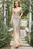 Mermaid Deep V Neck Golden Prom Dress with Silt