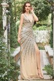 Mermaid Deep V Neck Golden Prom Dress with Silt