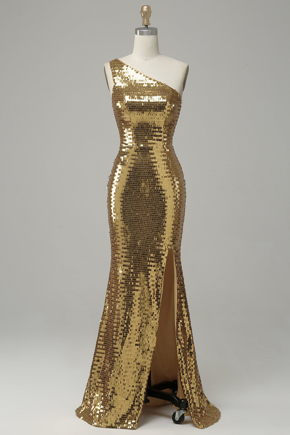 One Shoulder Gold Sequin Prom Dress with Slit