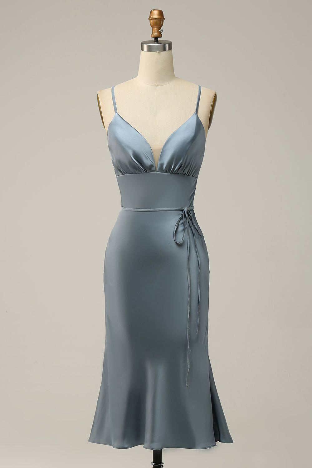 Sheath Spaghetti Straps Grey Blue Satin Bridesmaid Dress