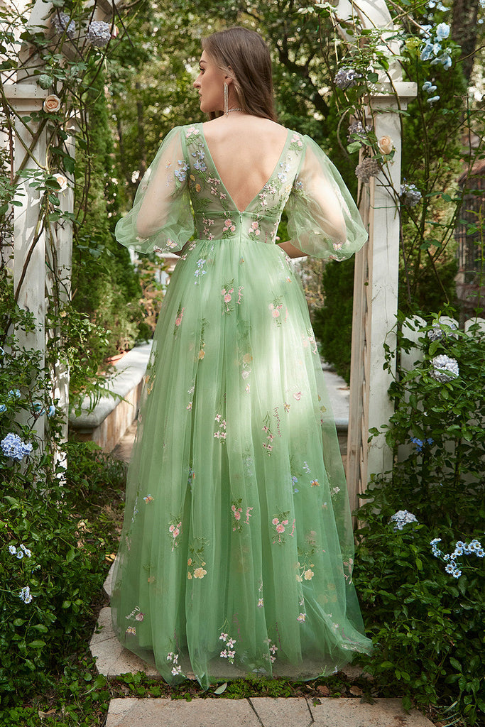 Zapakasa Women Long Embroidery Prom Dress Green V-neck Short Sleeves ...