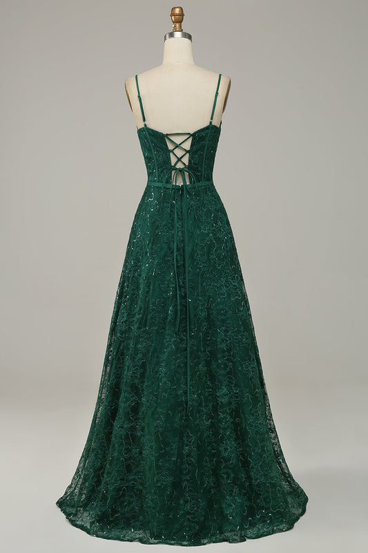 Dark Green Lace Spaghetti Straps Corset Prom Dress