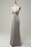 Mermaid Spaghetti Straps Grey Long Bridesmaid Dress with Open Back