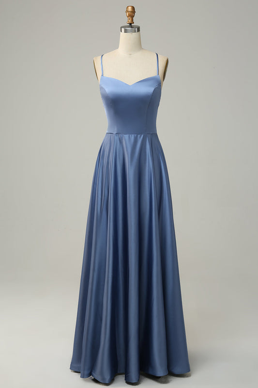 Grey Blue Halter A Line Long Bridesmaid Dress