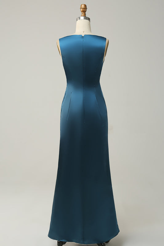 Ink Blue Deep V neck A line Bridesmaid Dress