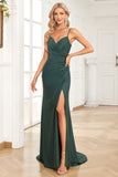 Mermaid Spaghetti Straps Dark Green Long Prom Dress with Beading