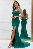 Mermaid Spaghetti Straps Dark Green Long Prom Dress with Criss Cross Back