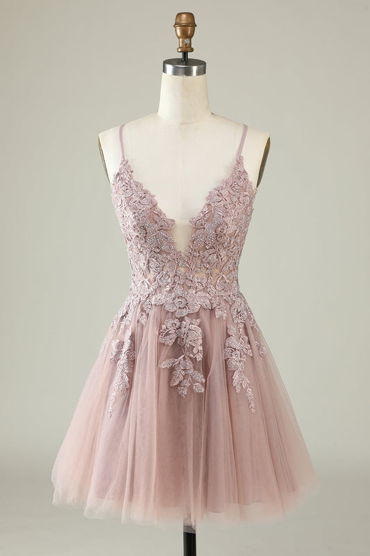 Spaghetti Straps Blush Short Tulle Homecoming Dress with Appliques