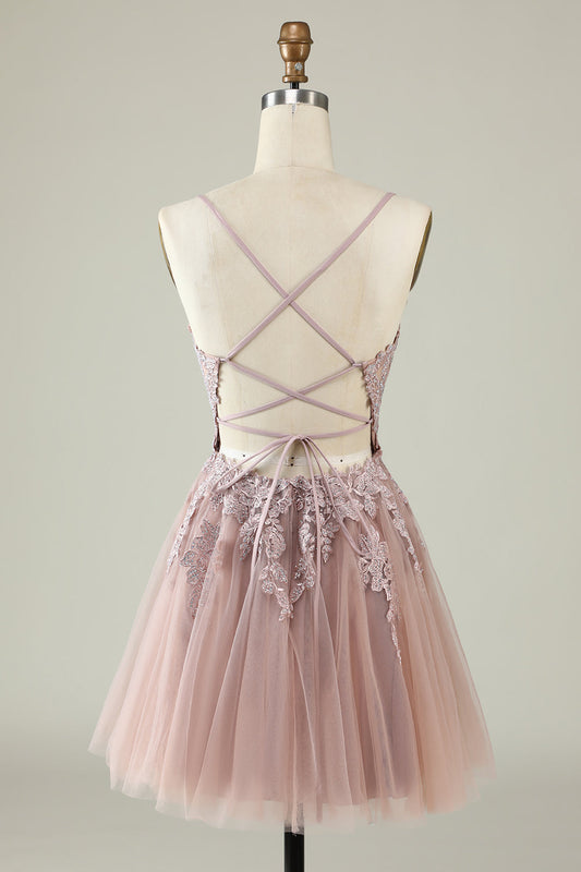 Spaghetti Straps Blush Short Tulle Homecoming Dress with Appliques