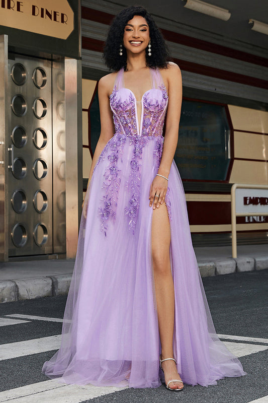 Gorgeous A Line Halter Neck Grey Purple Corset Prom Dress with Appliques