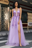 Gorgeous A Line Halter Neck Grey Purple Corset Prom Dress with Appliques