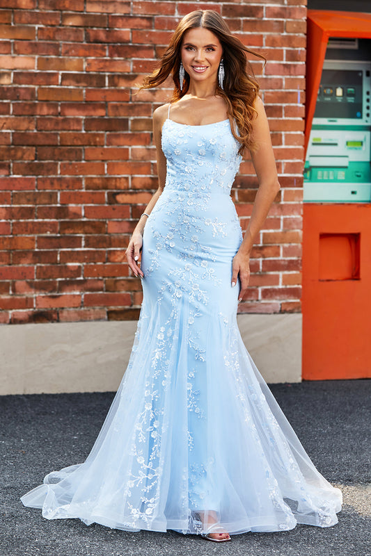 Elegant Blue Prom Dress with Lace Mermaid Floral Pageant Dress with 