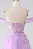 Lilac A-Line Off The Shoulder Beaded Corset Prom Dress