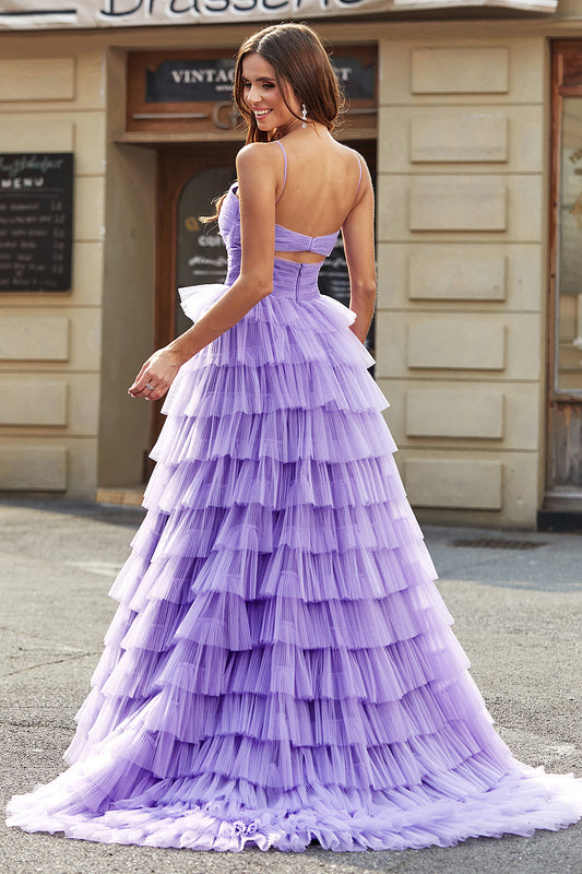 Tulle A-Line Purple Tiered Long Prom Dress with Slit