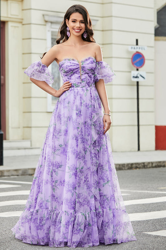 Laveender Printed A line Prom Dress with Removable Sleeves