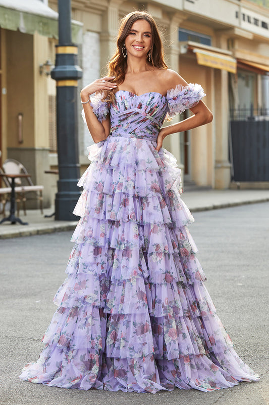 Gorgeous A Line Off the Shoulder Lavender Printed Long Prom Dress with Ruffles