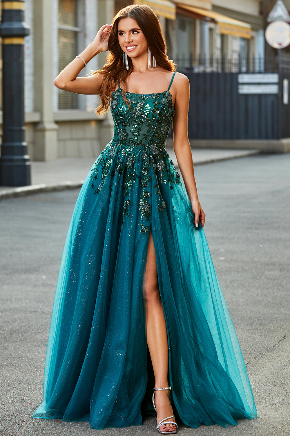 Gorgeous A Line Spaghetti Straps Dark Green Long Prom Dress with Appliques