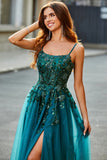 Gorgeous A Line Spaghetti Straps Dark Green Long Prom Dress with Appliques