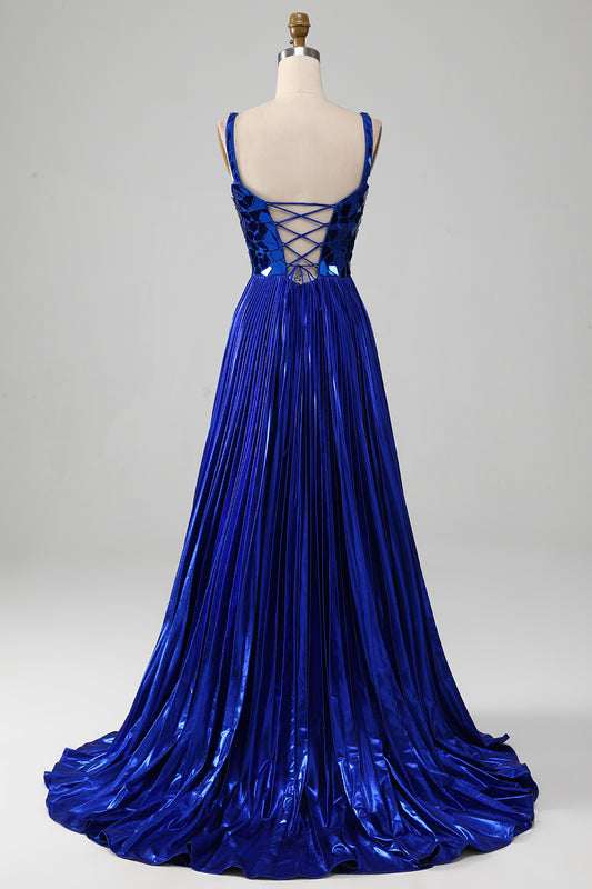 Sparkly Lace-Up Back Royal Blue Prom Dress with Slit