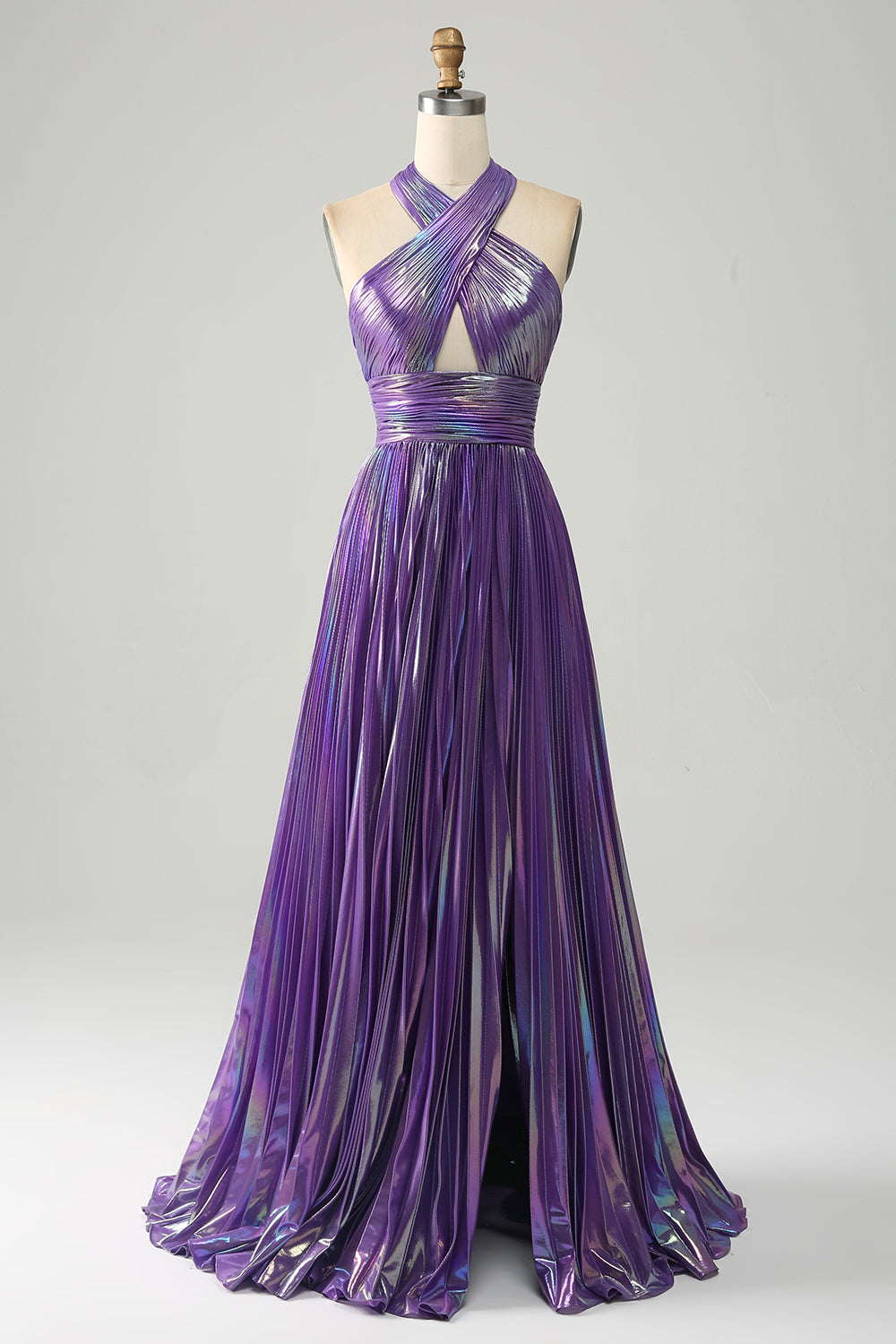 Sparkly Purple Halter A Line Prom Dress with Pleated