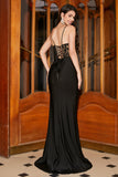 Mermaid Spaghetti Straps Black Corset Prom Dress With Appliques